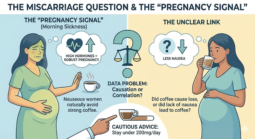 Illustration explaining miscarriage and coffee research, showing morning sickness as a pregnancy signal and advising under 200mg caffeine daily