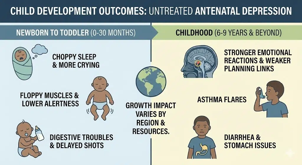 Infographic showing child development outcomes of untreated antenatal depression from newborn to childhood