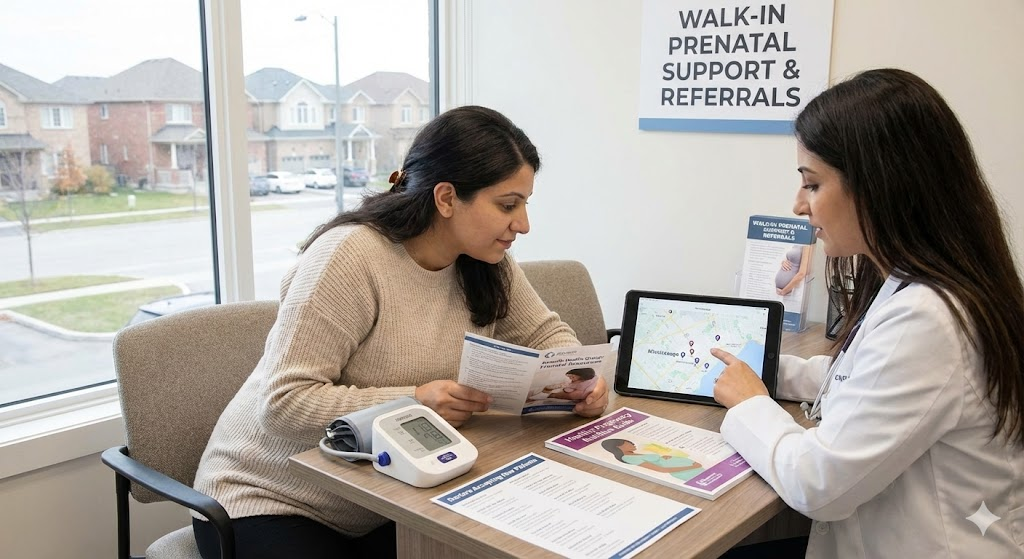 Doctor guiding pregnant patient with walk-in prenatal support and referrals, showing clinic locations on a tablet