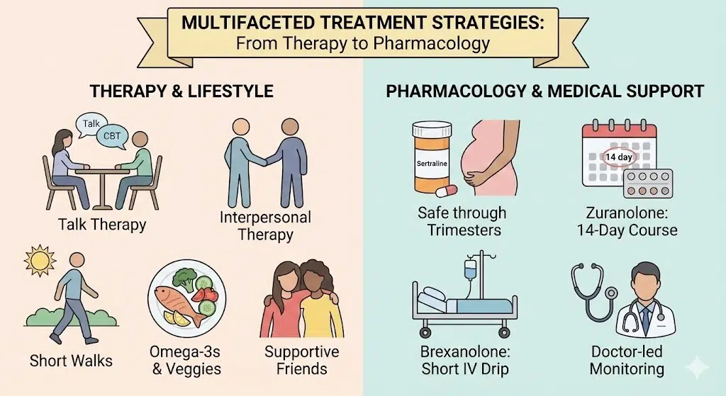 Infographic of antenatal depression treatments, including therapy, lifestyle changes, and medication options with doctor monitoring