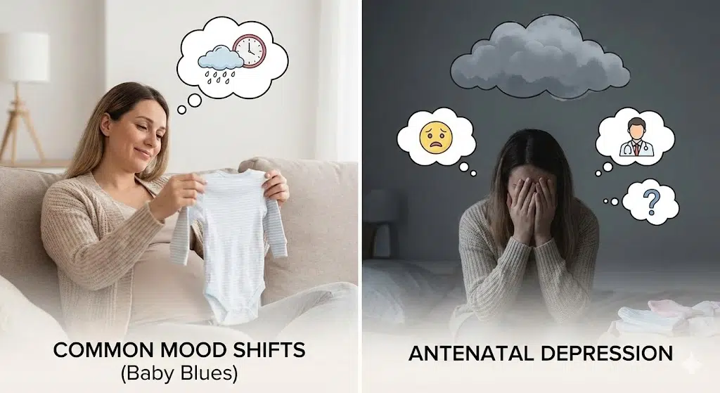 Side-by-side graphic comparing common pregnancy mood shifts (baby blues) with signs of antenatal depression