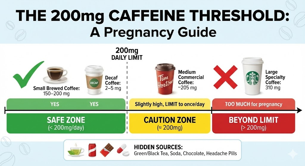 Pregnancy caffeine chart showing 200mg daily limit with safe, caution, and beyond-limit coffee examples