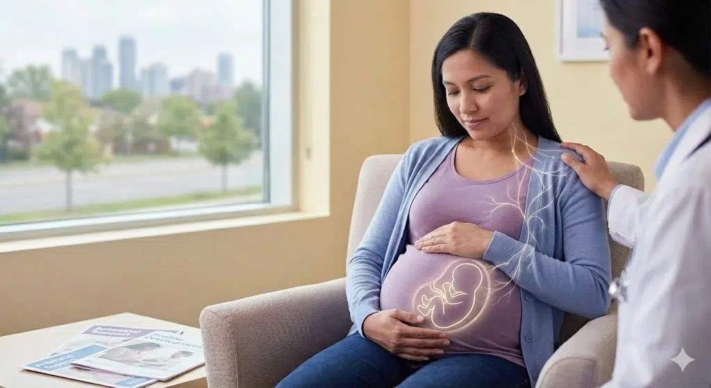 Pregnant woman at prenatal checkup with doctor support and fetal health illustration