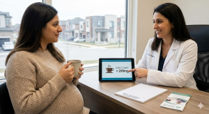 Pregnant woman discussing safe coffee intake with Mississauga doctor, showing daily caffeine limit of 200mg
